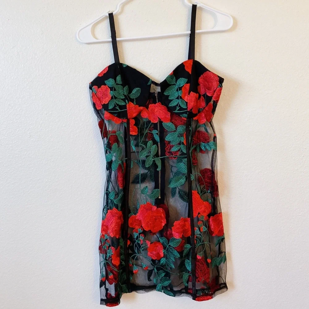 Floral Embroidered Black Mini Dress with Red Roses - Picture 1 of 7